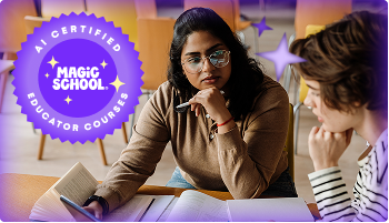 Teacher collaborating one-on-one with student over coursework, with “AI Certified Educator Courses – Magic School” badge.