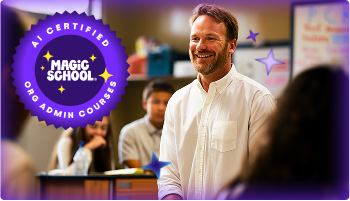School administrator leading a professional development session in a classroom, with “AI Certified Magic School Admin Courses” badge