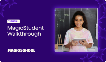Tutorial: MagicStudent Walkthrough + Image of a smiling female student holding an iPad.