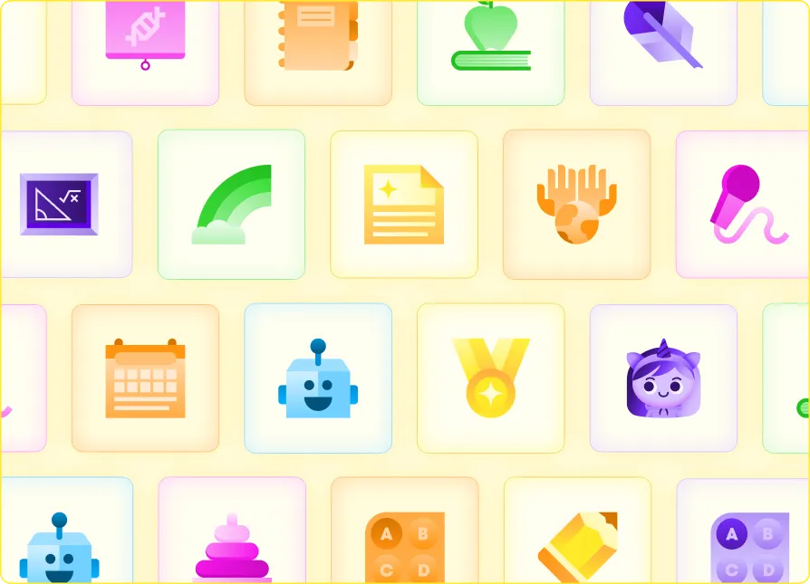 Colorful grid of education-themed app icons including robot, worksheet, calendar, math board, medal, and apple, representing AI tools for teachers and AI tools for students in schools.