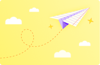 Illustrated paper airplane flying across yellow sky with dotted path and stars.
