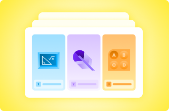 Illustrated set of assessment cards featuring math problem, creative writing prompt, and multiple choice quiz.