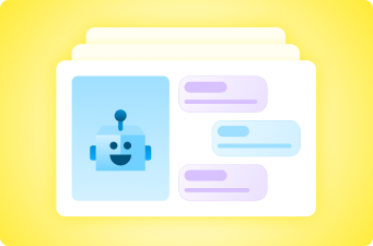 Illustrated AI chatbot card with friendly robot icon and chat bubbles on yellow background.