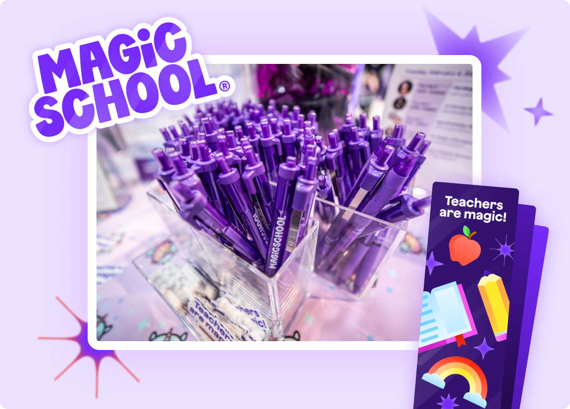 Clear containers filled with purple Magic School pens on a display table, alongside “Teachers are magic!” bookmarks.