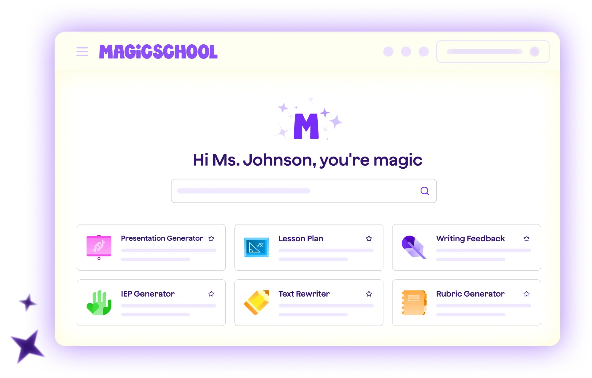 Stylized graphic of the MagicSchool platform homepage, showing a welcome message, search bar, and popular AI tools that are available to use, including: presentation generator, lesson plan, writing feedback, and more. 
