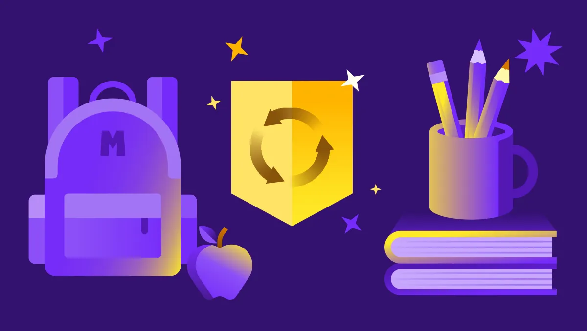 Illustration featuring a purple backpack with an apple, a shield with circular arrows representing an AI safety loop, and a pencil cup on stacked books.