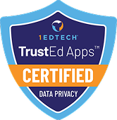 Blue shield shape with 1EdTech Trusted Apps Certified for Data Privacy.