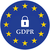 Blue circle with GDPR and lock icon surrounded by yellow stars. 