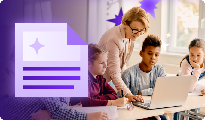 Teacher guiding elementary students using a laptop in the classroom with AI-generated lesson content document, illustrating the impact MagicSchool has.