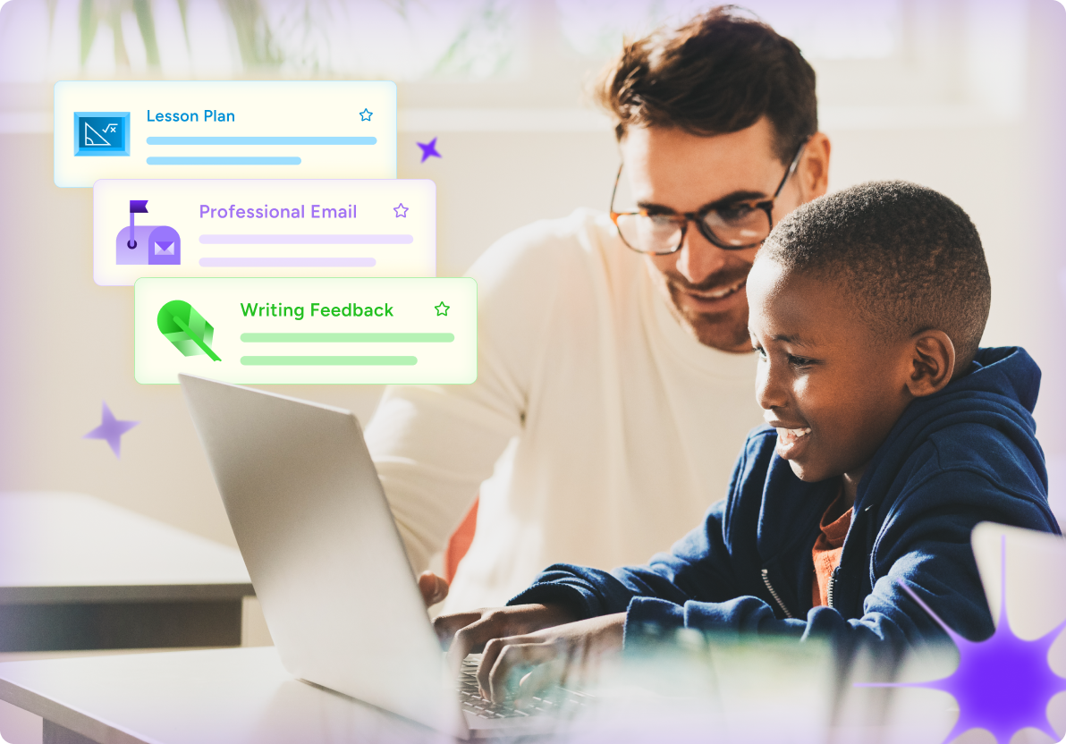 Teacher guiding a student using AI tools on a laptop with overlays of teacher AI tools, including lesson planning, writing feedback, and professional emails.