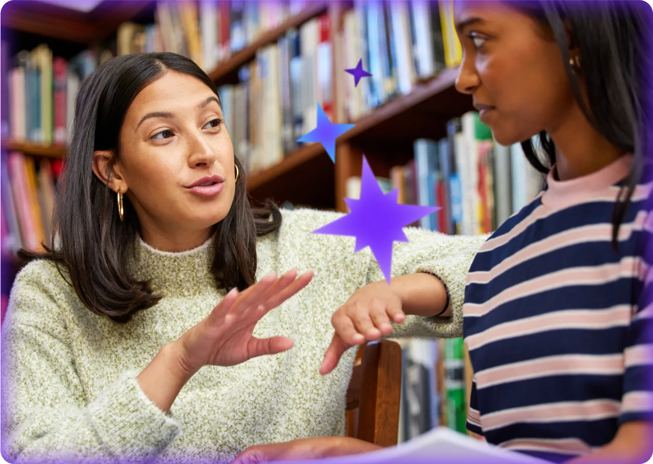 A teacher engages in conversation with a student in a library, surrounded by bookshelves, with MagicSchool AI's signature purple star accents overlaid on the image.