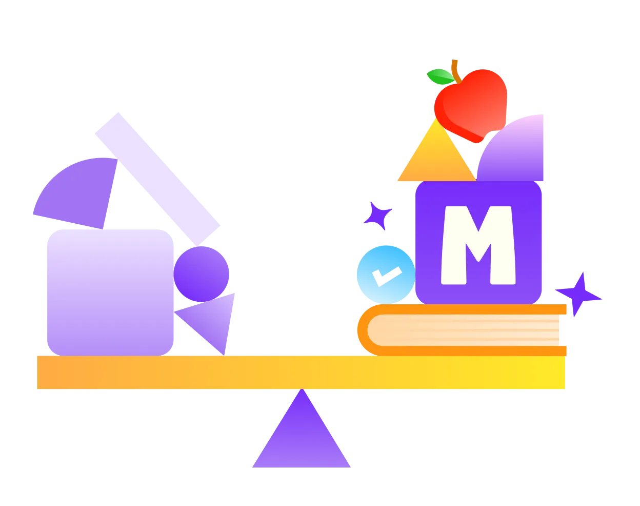 A balance scale illustration showing geometric shapes on one side and the MagicSchool AI 'M' logo stacked on a book with an apple, representing how MagicSchool AI tools promote AI literacy.