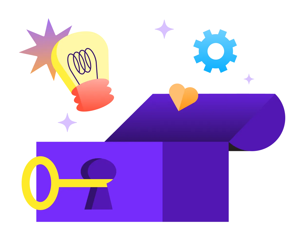 A purple open box with a gold key, glowing light bulb, gear, and heart icon floating around it, representing equity and access in education.