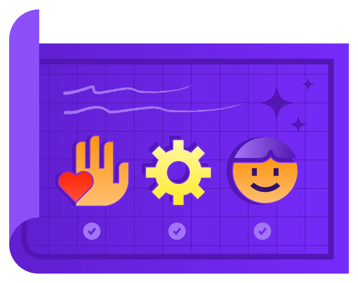 A purple illustrated graphic showing three icons — a hand with a heart, a gear, and a smiling face — each with a checkmark, representing MagicSchool AI's responsible AI framework.