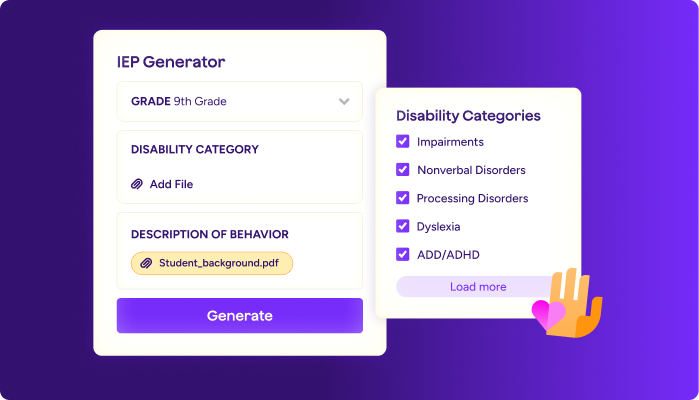 Stylized graphic of MagicSchool AI's IEP Generator interface showing fields for grade level, disability category, and description of behavior, with a student background PDF attached and a Generate button.