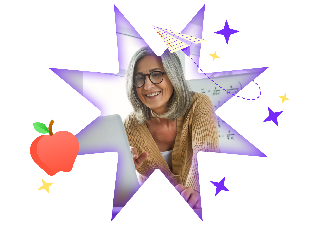 Educator smiling during a virtual session, surrounded by decorative stars, a paper airplane, and an apple.