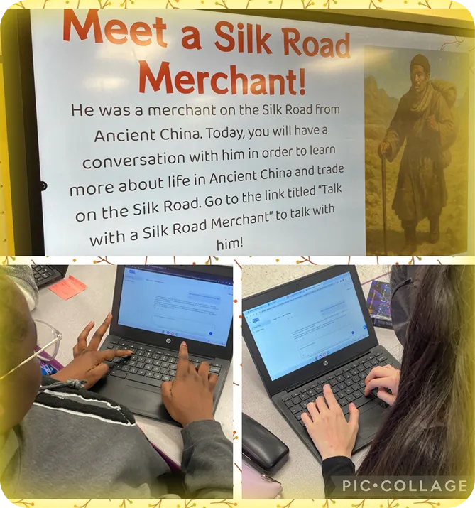 3 image collage. Top image shows a poster in a classroom reading: Meet a Silk Road Merchant! Bottom photos each show a student on a laptop using MagicSchool to support their lesson.