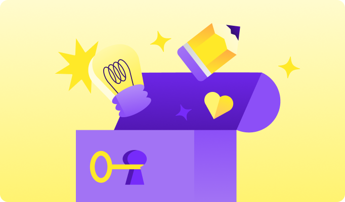 Purple chest filled with lightbulb, pencil, and heart icon on yellow stylized, star background.