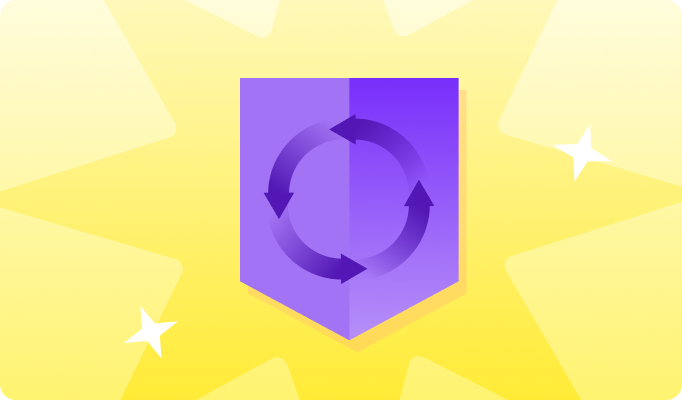 Purple shield icon on yellow stylized, star background.