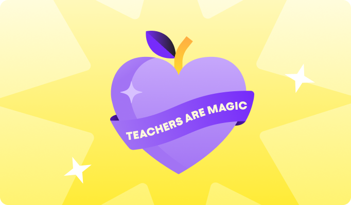 Purple heart-shaped apple icon, reading Teachers Are Magic, on yellow stylized, star background.