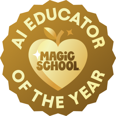 Gold circular badge for AI Educator of the Year. With a heard shaped apple in the middle and the MagicSchool logo.