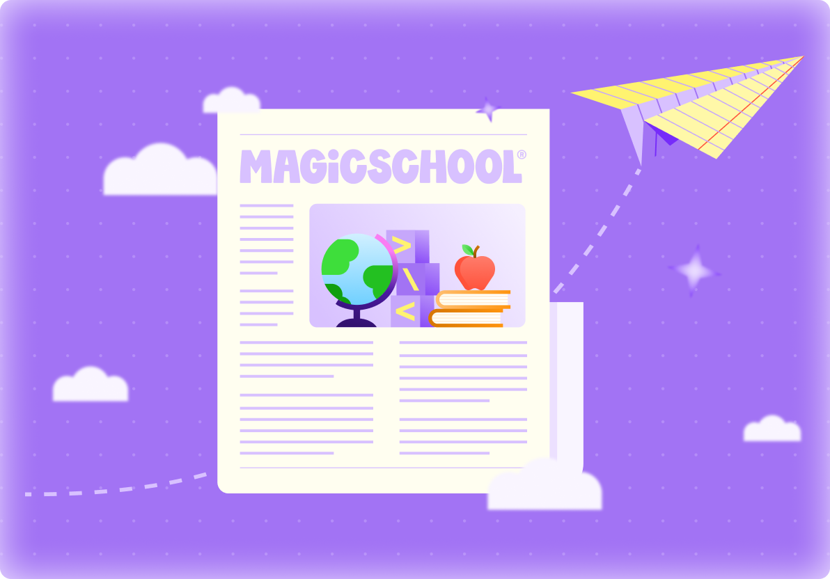 An illustration of a news article featuring MagicSchool over a purple background with a paper airplane.
