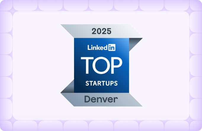 2025 LInkedIn Top Startups - Denver blue and gray badge over a purple background