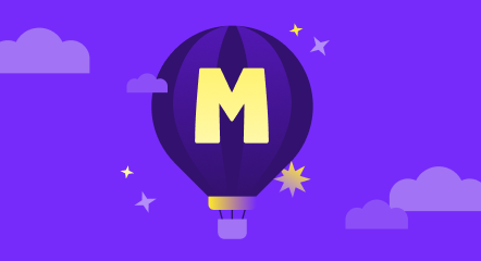 Purple striped hot air balloon with a yellow MagicSchool M in the middle floating in the sky on a purple background with clouds and stars.