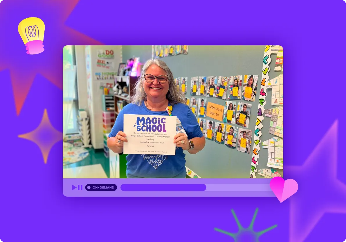 Teacher in classroom holding Magic School AI Certified certificate, displayed in on-demand professional development video player.