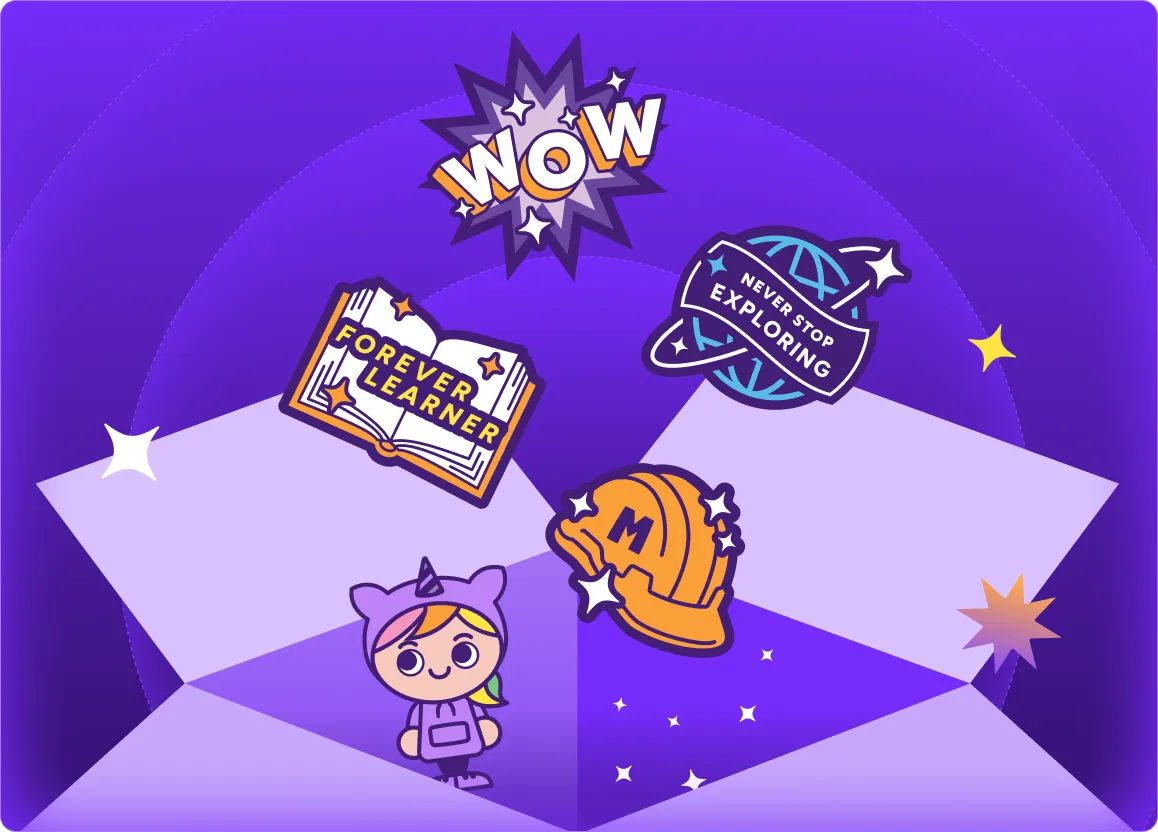 Illustration featuring 5 pins that educators can earn and pin to their MagicSchool letterman jacket.