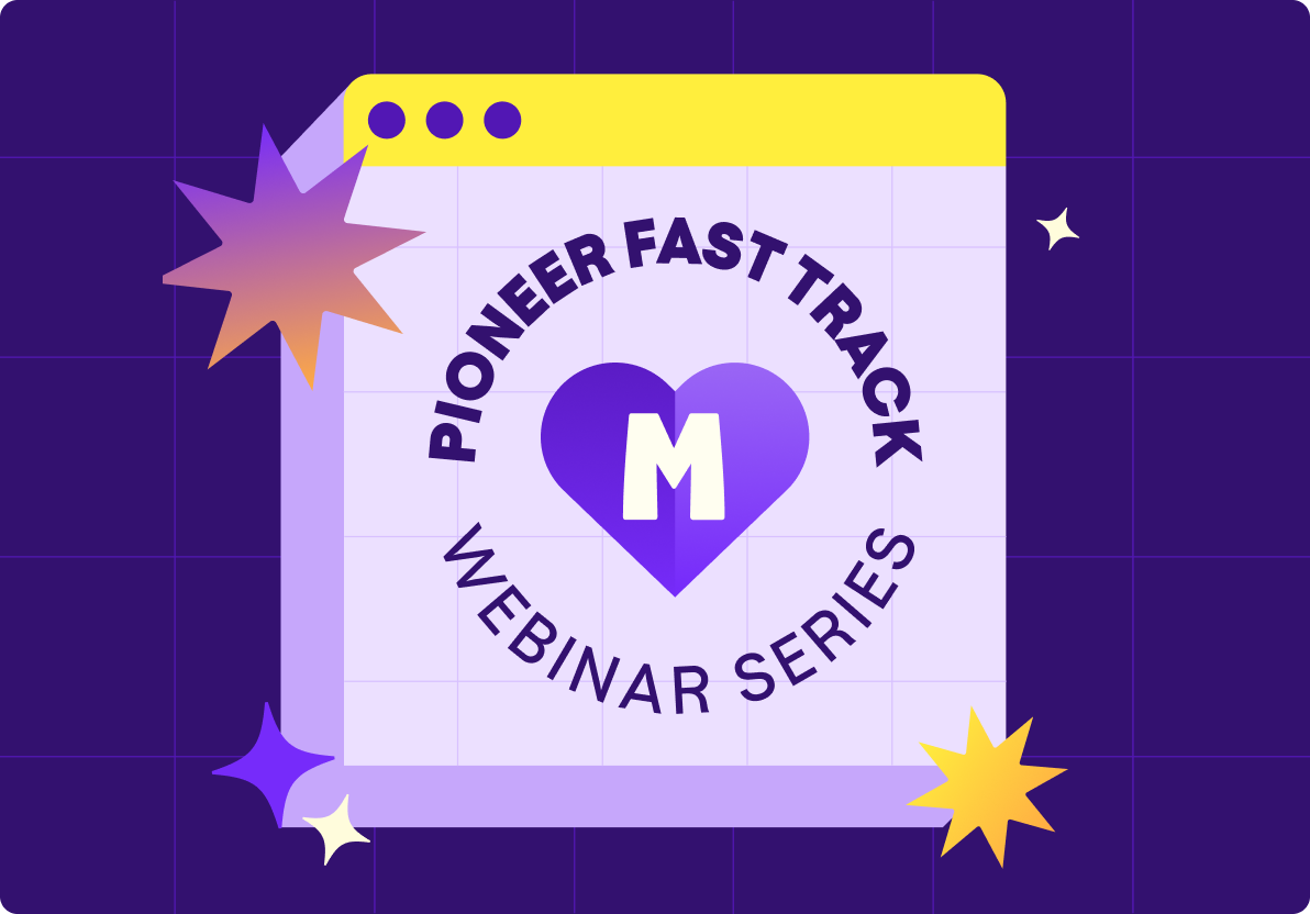 Illustration of a web browser with Pioneer Fast Track Webinar Series text surrounding a purple heart with MagicSchool M monogram in the middle.