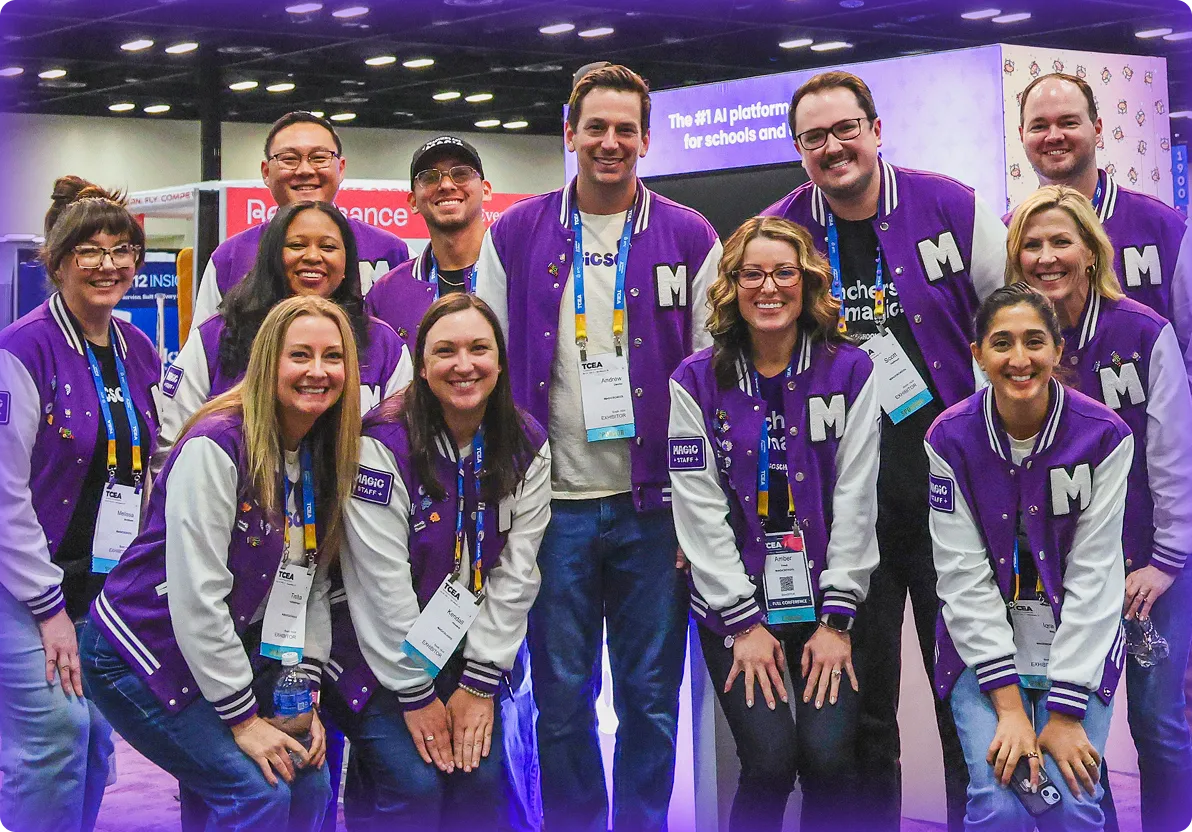 Group of 11 MagicSchool employees posing together at the MagicSchool trade show booth.