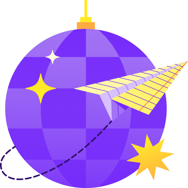 Illustration of a disco ball with yellow stars and a paper airplane circling it.