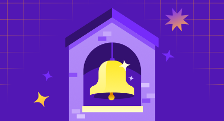 Illustration of a yellow bell in a purple tower surrounded by stars.