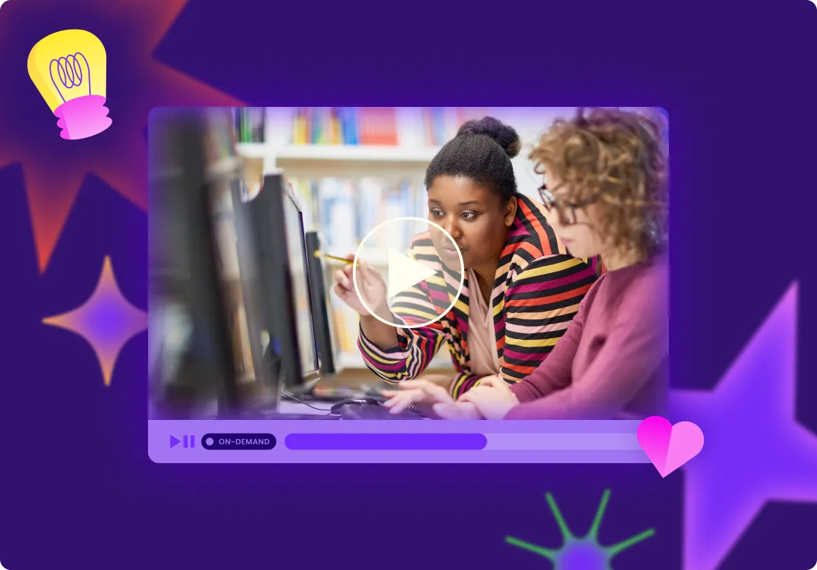 Illustration of a video player with two students on the screen.