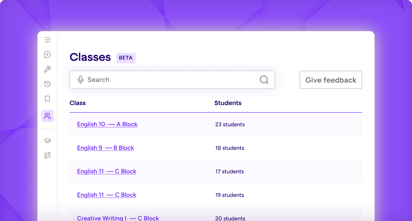 Illustration on a purple backgrounding depicting the Rostering feature in MagicSchool. It shows a table of classes with student counts next to them.