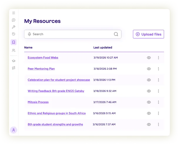 Illustration of the My Resources feature in MagicSchool, showing a search bar, file upload option as well as library of resources already uploaded.