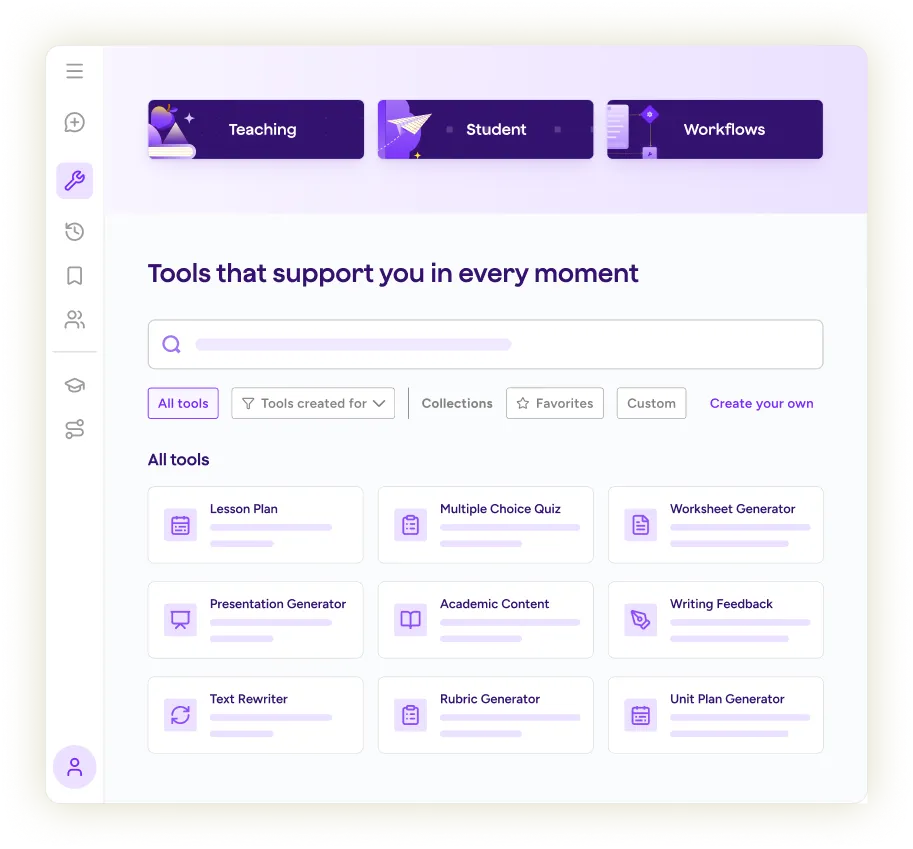 Illustration of the tools page in MagicSchool, showing tabs for teaching, student, and workflows. It also shows a search bar, filtering options, and popular tools.