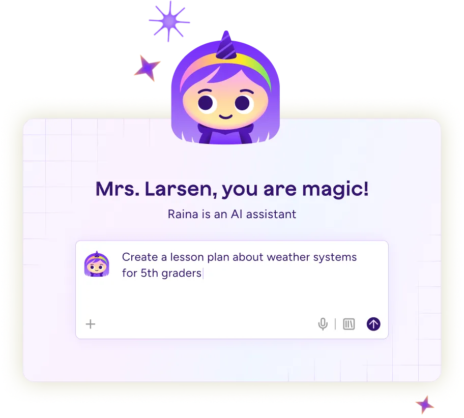 Illustration of the Raina chatbot prompt field, with text: Mrs. Larsen, you are magic. Sample prompt text is also shown and reads: Create a lesson plan about weather systems for 5th graders.