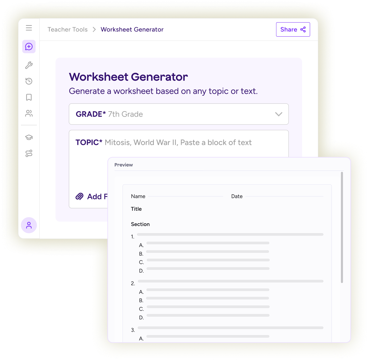 Illustration of the Worksheet Generator tool in MagicSchool, showing fields to enter the grade and topic next to a sample of the output.