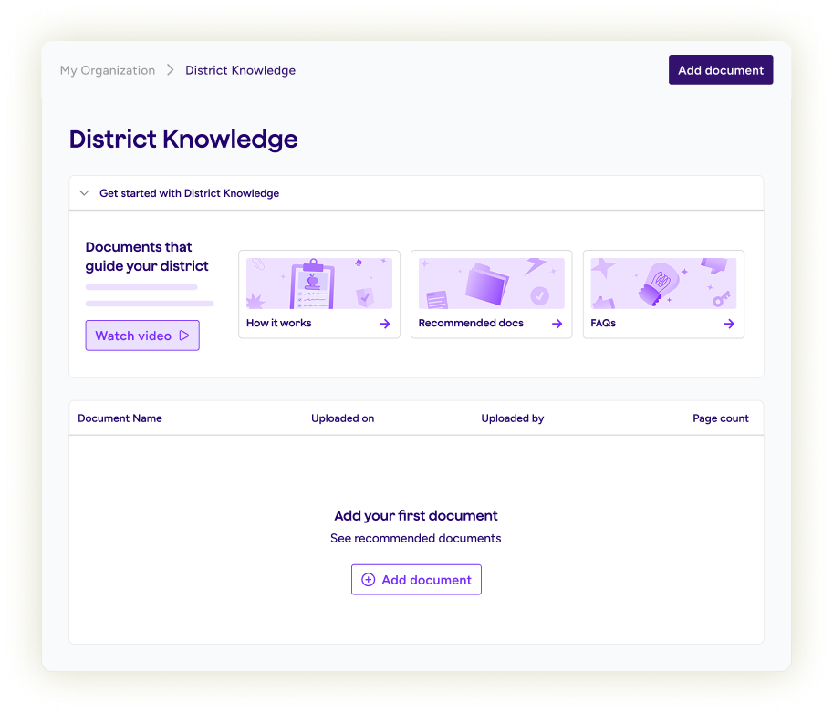 Illustration showing the District Knowledge feature in MagicSchool where admins can upload documents and see their library of previously uploaded documents.