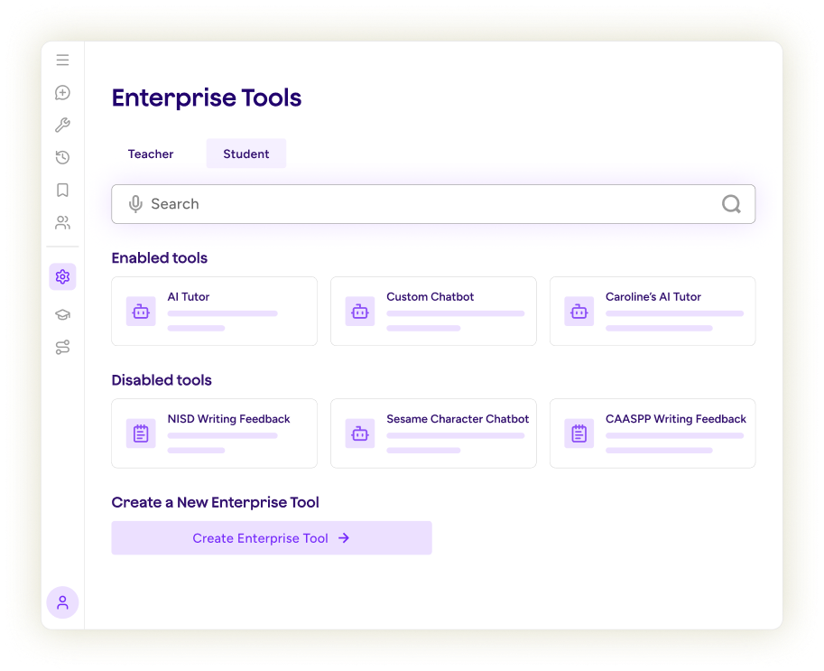 Illustration of Enterprise Tools within MagicSchool. The screen shows tabs for teacher and student tools as well as a search bar and sections for enables and disabled tools.