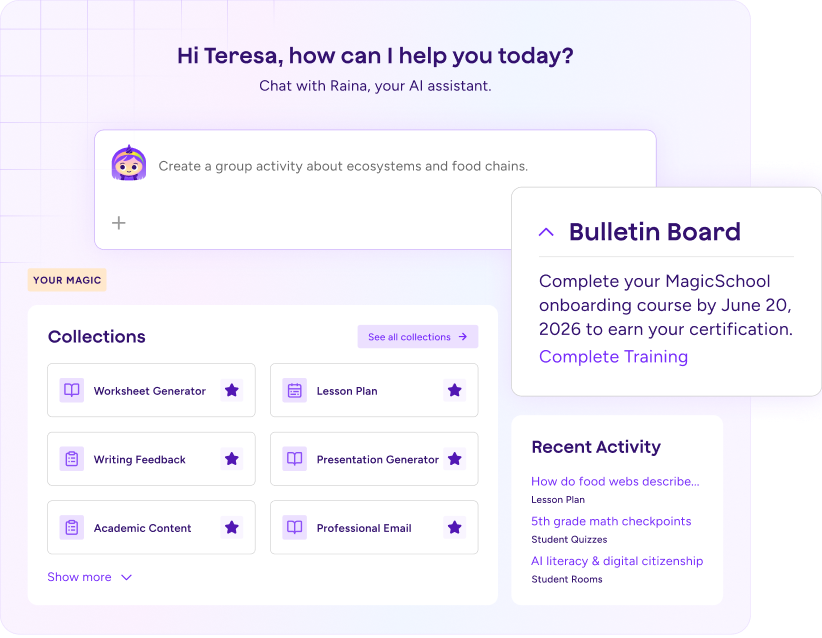 Illustration of the MagicSchool home screen, where Admins can share welcome messages, post key resources, and communicate district initiatives directly with their teachers.