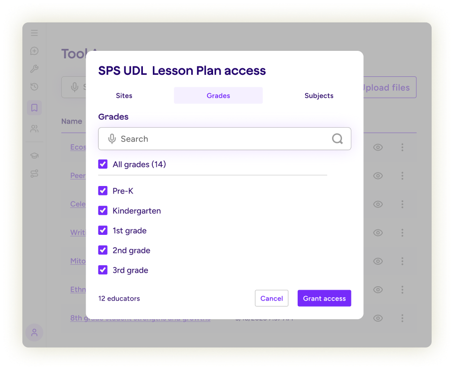 Illustration showing how admins can assign tools based on school, grade, or subject area.