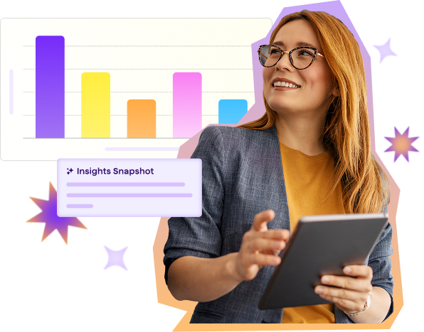Image of a school administrator holding an ipad surrounded by illustrations of a bar chart, an insights snapshot and purple stars.