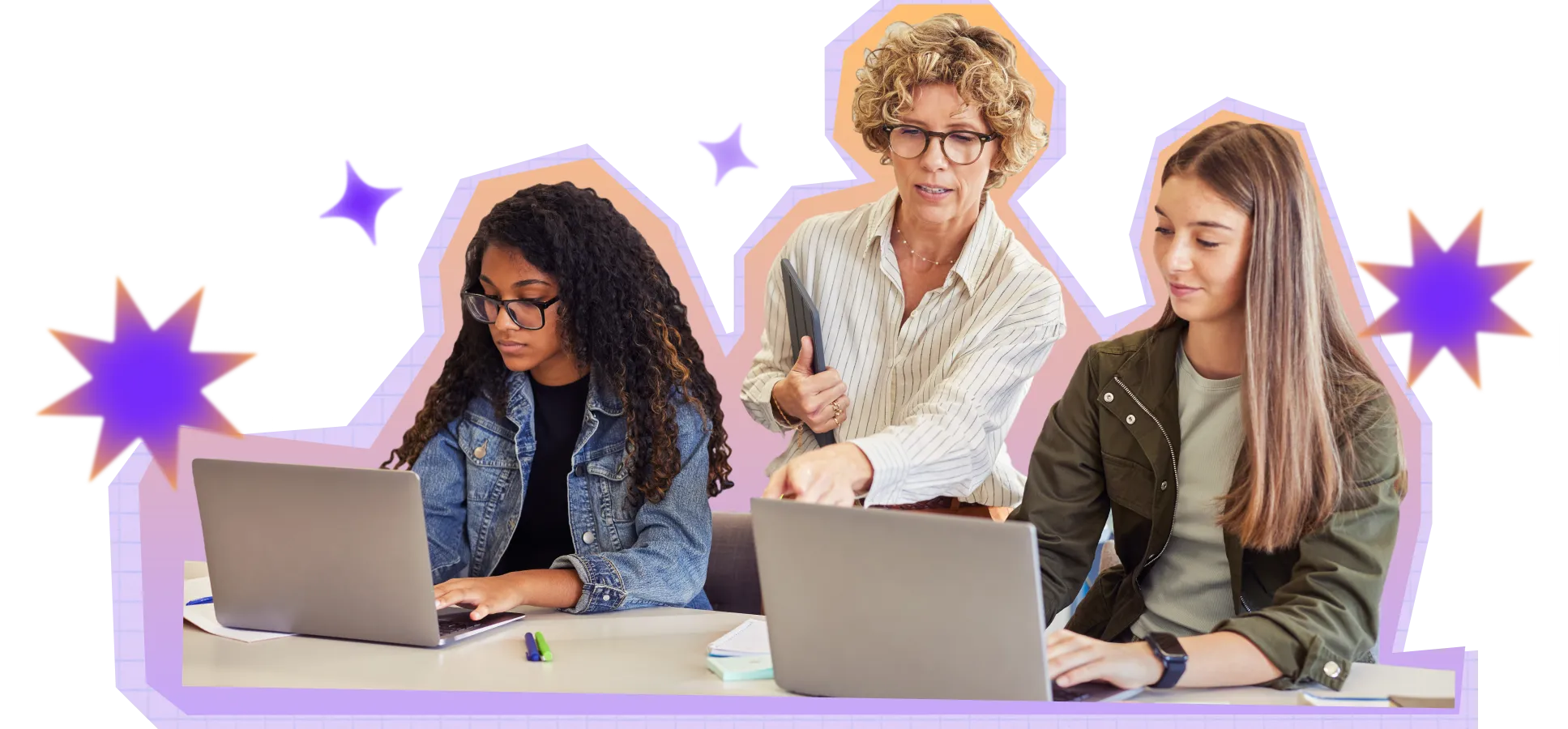 Image of an administrator working with 2 students on laptops, providing direction. 