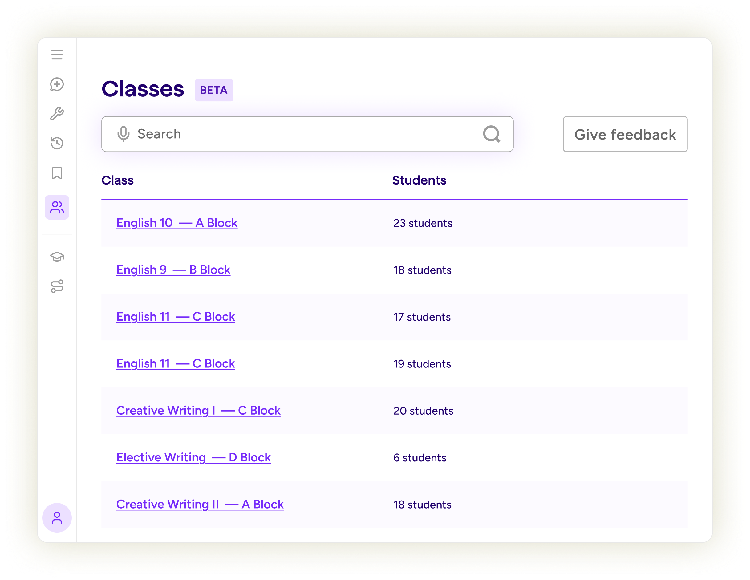 Illustration showing the MagicSchool Rostering functionality. The screen is titled 'Classes', has a search bar with a table of classes and students.