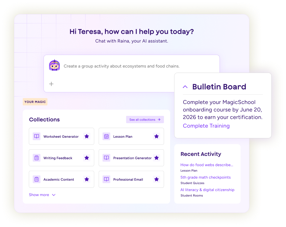 Illustration of the MagicSchool home screen, where Admins can share welcome messages, post key resources, and communicate district initiatives directly with their teachers.