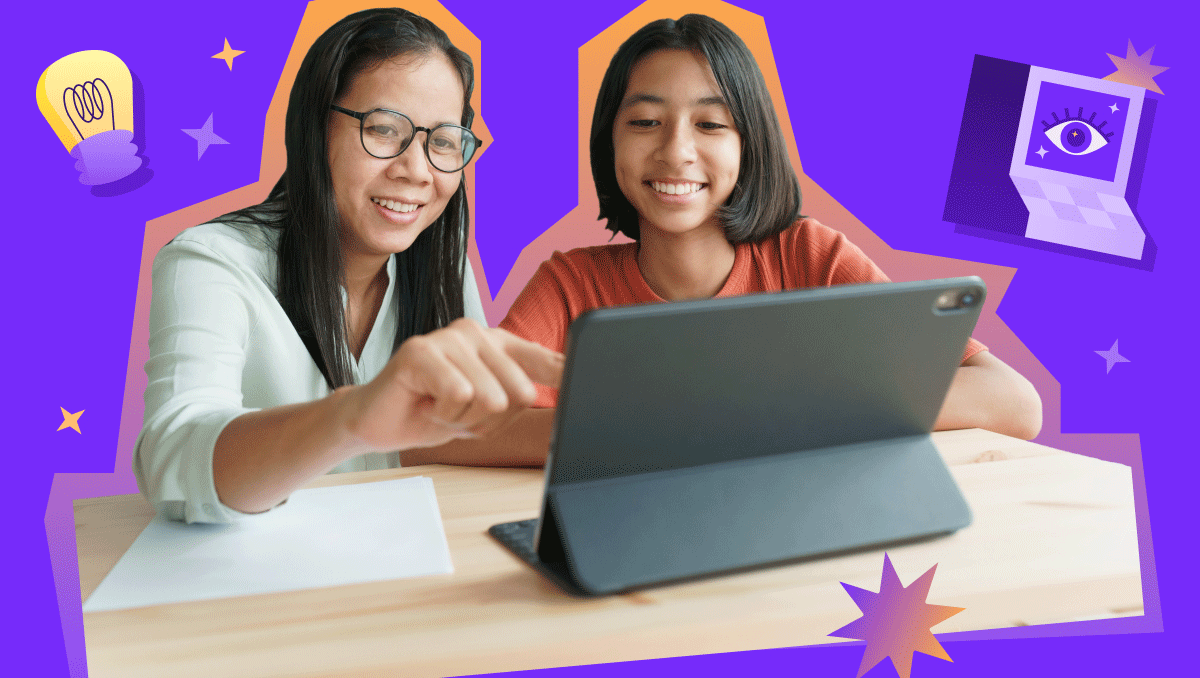 Illustration of a laptop displaying a friendly AI robot and coding-style symbols, with text content on screen and a paper airplane graphic, representing AI-powered tools for creating and sharing educational content.