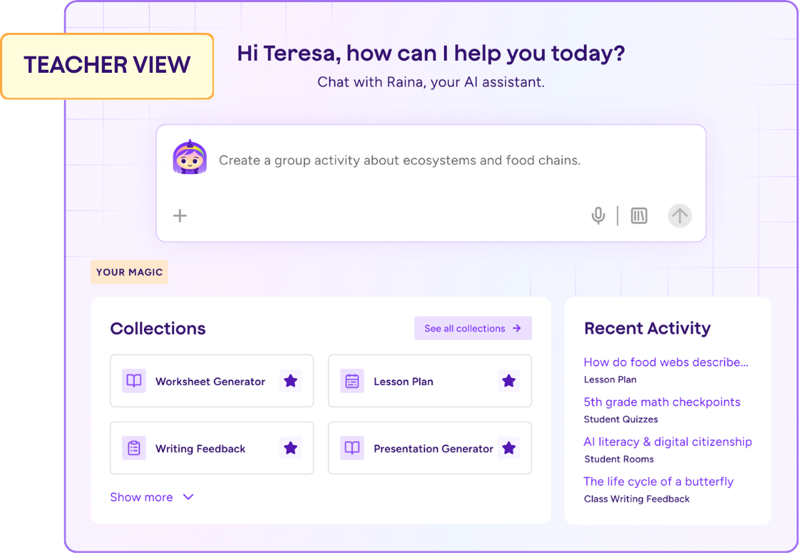 MagicSchool teacher log-in labeled with teacher view.